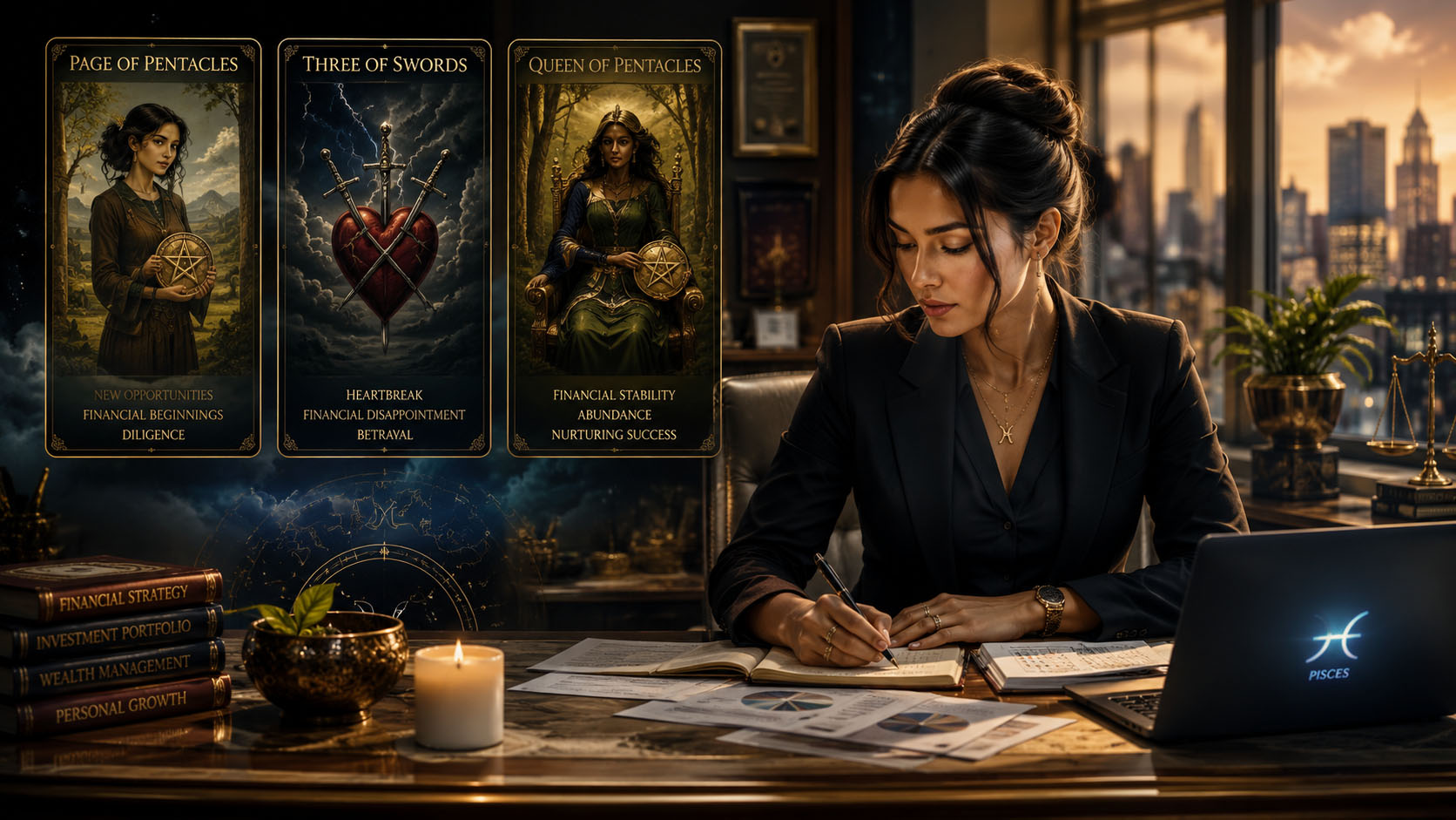 Tarot, Tarot online čitanje, Tarot besplatno online, tarot karte, tarot online, besplatni tarot, finansijski tarot Ribe, Paž novčića značenje, 3 mača tarot, Kraljica novčića tarot karta, finansijska stabilnost i posao, mojznak, mojznak.rs