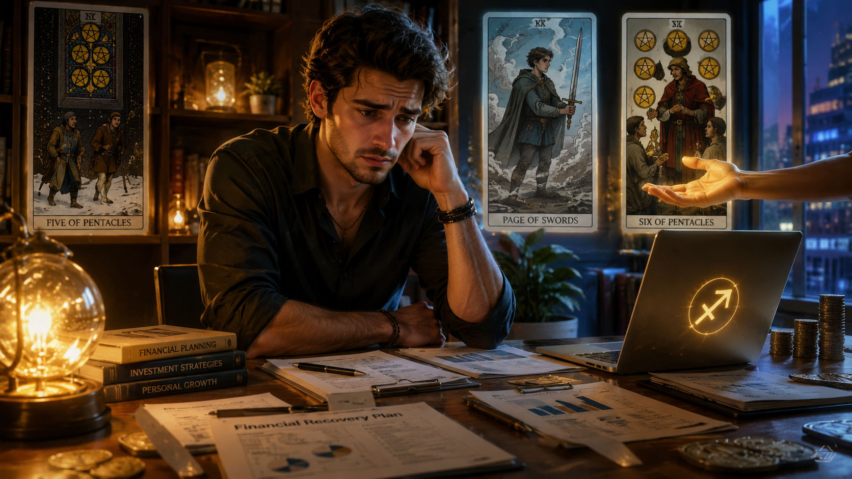 Tarot, Tarot online čitanje, Tarot besplatno online, tarot karte, tarot online, besplatni tarot, finansijski tarot Strelac, 5 novčića značenje, Paž mačeva tarot, 6 novčića tarot karta, pomoć i finansijski oporavak, mojznak, mojznak.rs