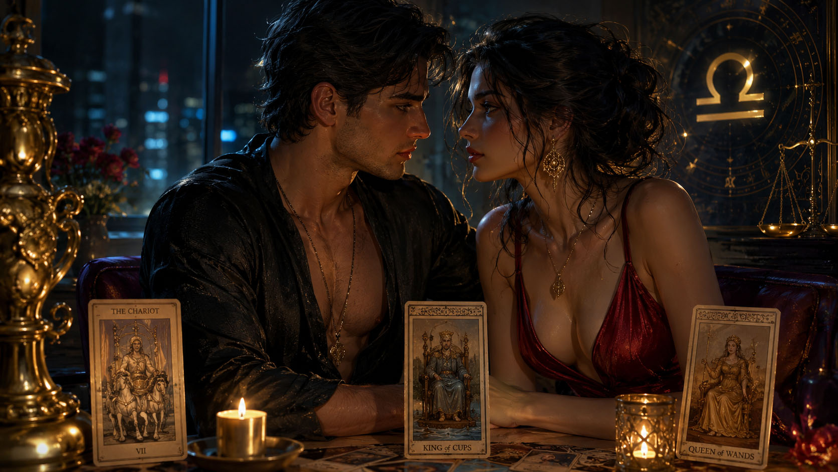 Tarot, Tarot online čitanje, Tarot besplatno online, tarot karte, tarot online, besplatni tarot, ljubavni tarot Vaga, Kočija tarot karta, Kralj pehara značenje, Kraljica štapova tarot, strast i emocije, ljubavni preokret, mojznak, mojznak.rs
