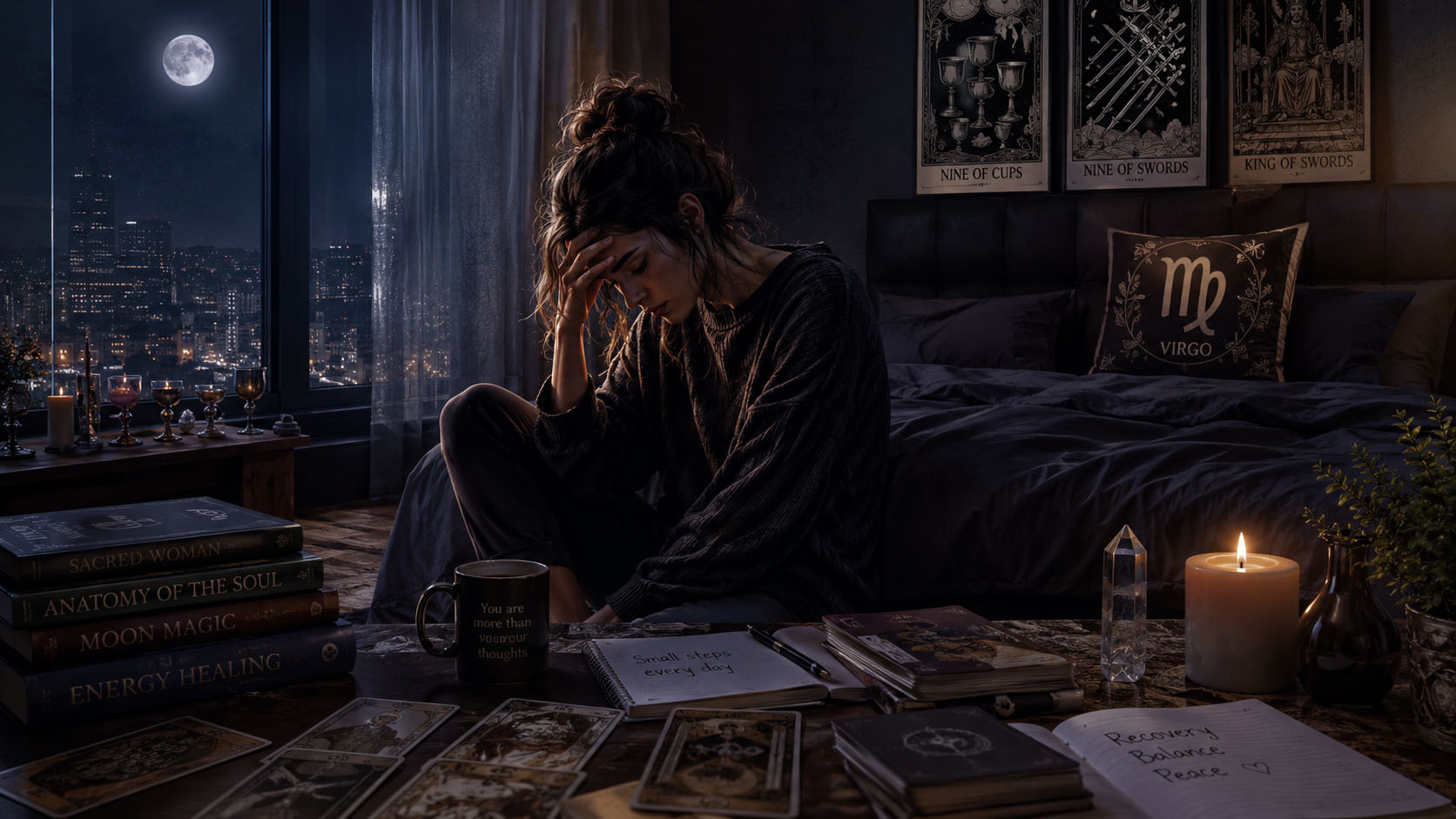 Tarot, Tarot online čitanje, Tarot besplatno online, tarot karte, tarot online, besplatni tarot, zdravstveni tarot Devica, 9 pehara značenje, 9 mačeva tarot, Kralj mačeva tarot karta, stres i oporavak organizma, mojznak, mojznak.rs
