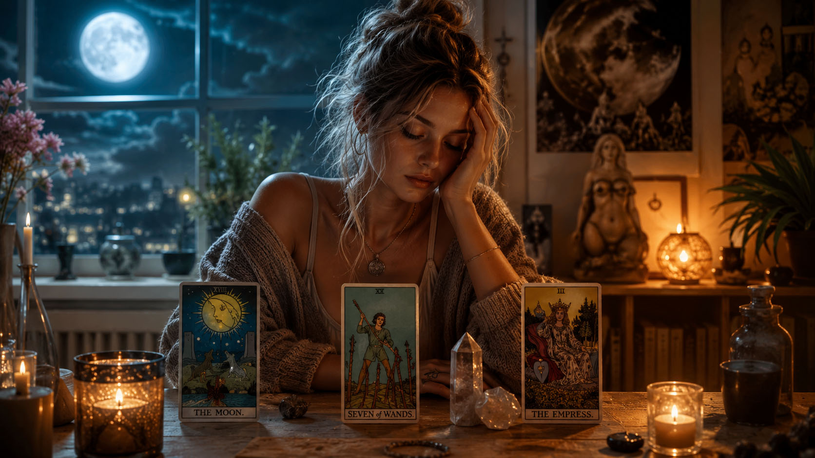 Tarot, Tarot online čitanje, Tarot besplatno online, tarot karte, tarot online, besplatni tarot, zdravstveni tarot Ovan, Mesec tarot karta, 7 štapova značenje, Carica tarot, oporavak energije i zdravlje, mojznak, mojznak.rs
