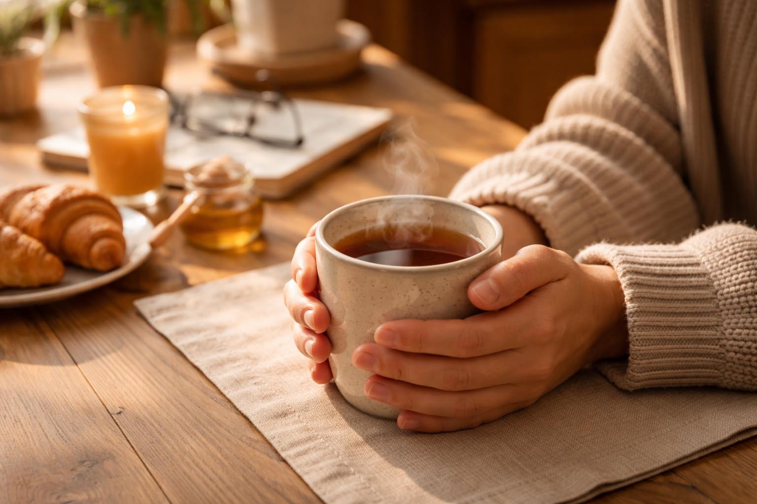 Hands holding a warm cup of tea on a wooden table