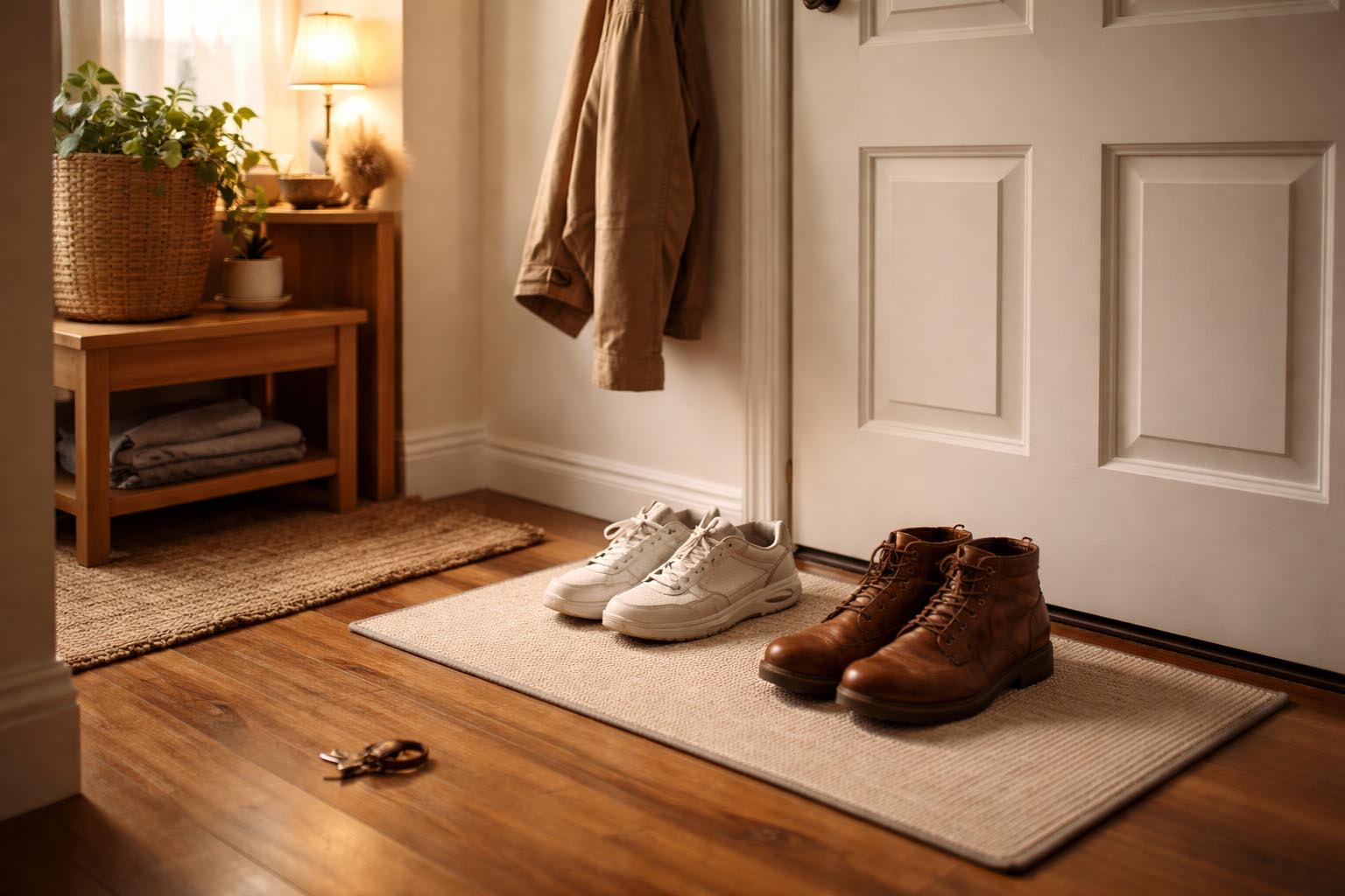 Pair of neatly placed shoes and a jacket by the front door