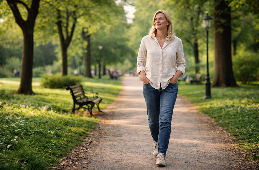Osoba opušteno šeta parkom u mirnom okruženju