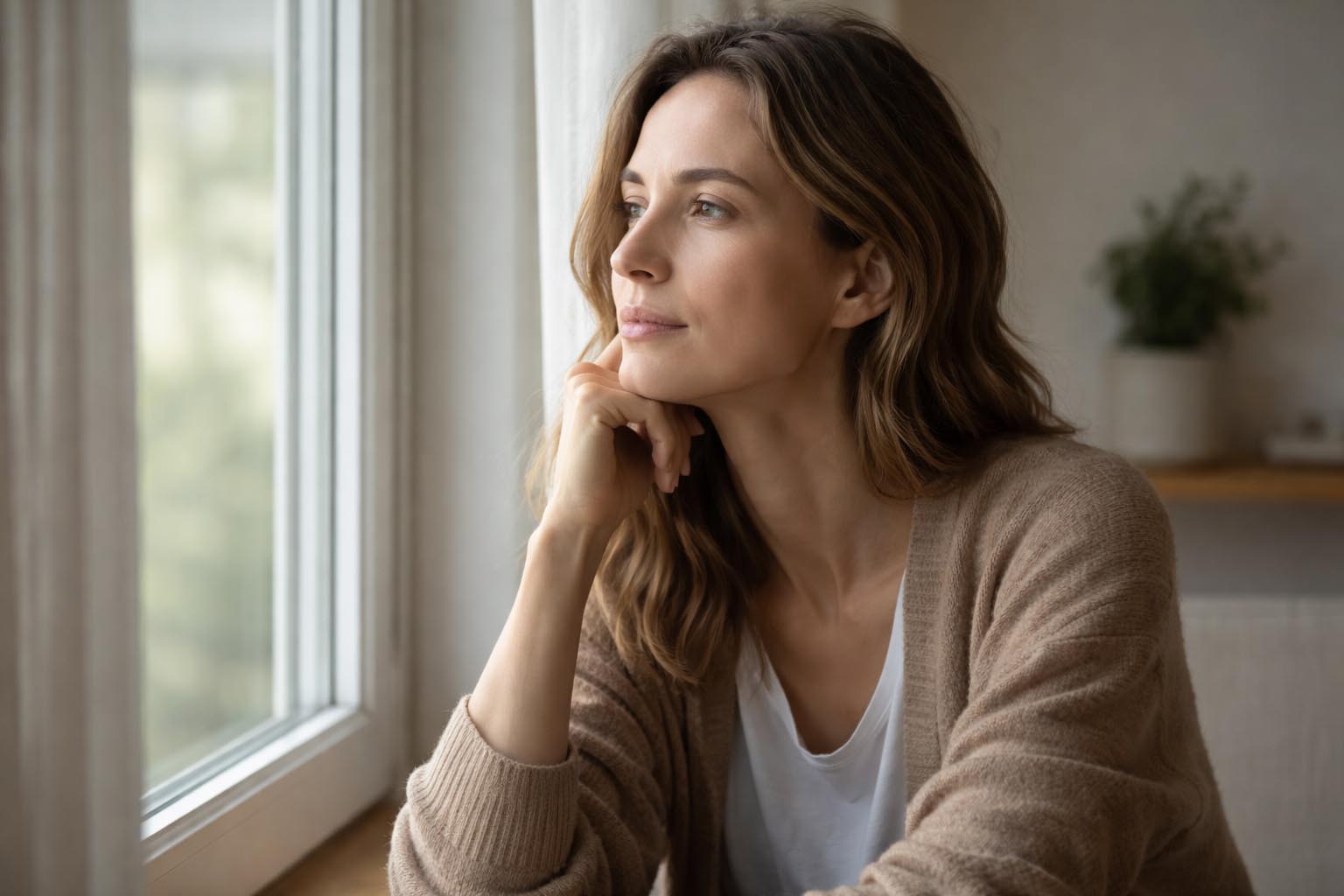 Osoba zamišljeno gleda kroz prozor sa neutralnim izrazom lica