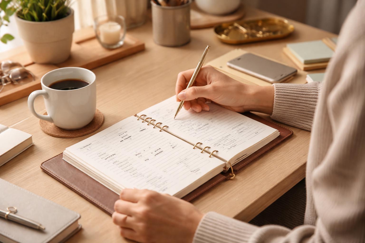 Person organizing a daily planner at a desk