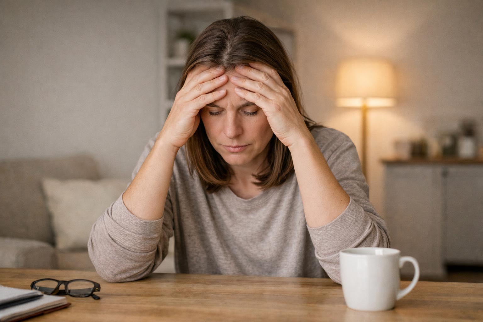 Osoba sedi zamišljeno za stolom sa rukama na čelu u mirnom prostoru