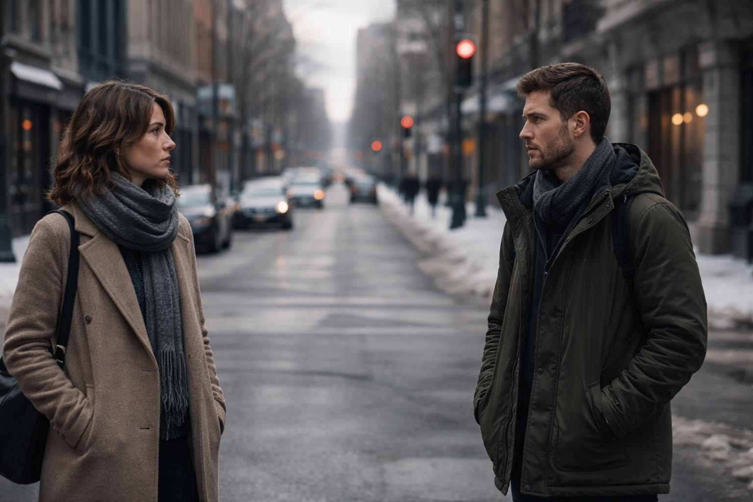 Dve osobe stoje na suprotnim stranama ulice tokom zimskog dana