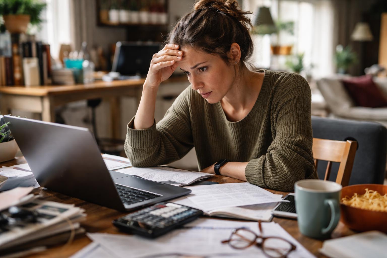 Osoba deluje fokusirano u stresnoj situaciji, ali okružena neurednim prostorom