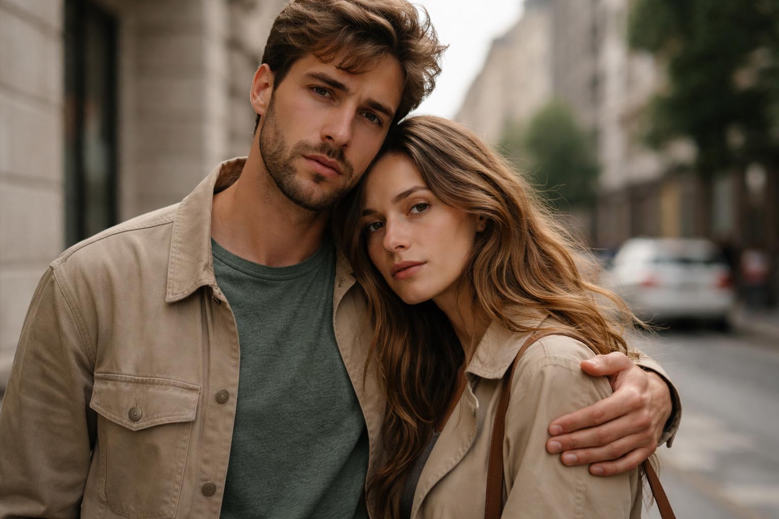 Par stoji zagrljen, ali sa ozbiljnim izrazima lica