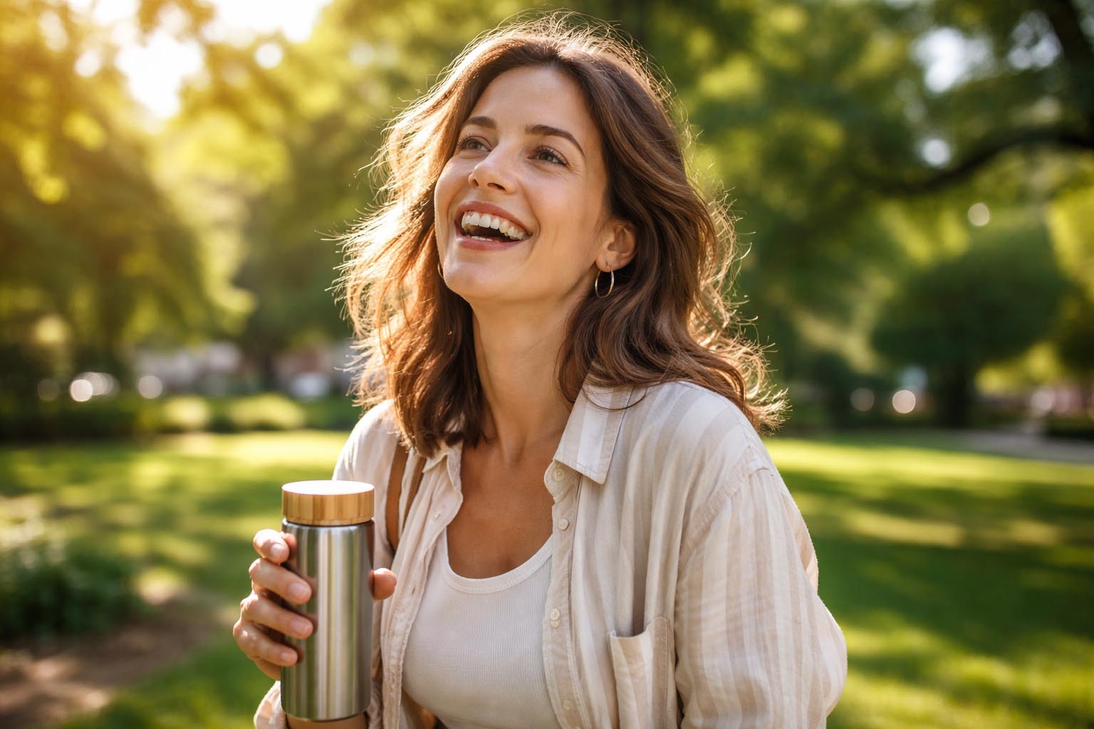 Osoba se smeje i uživa u sunčanom danu na otvorenom prostoru