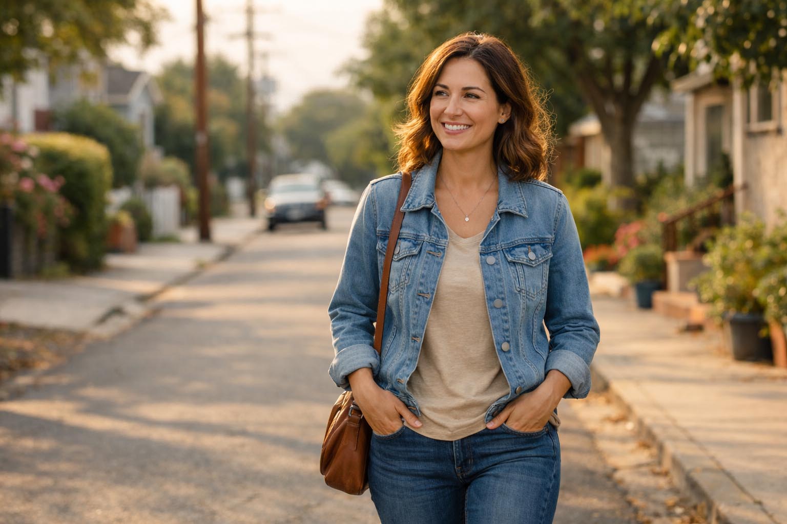 Woman smiling while walking down a quiet street