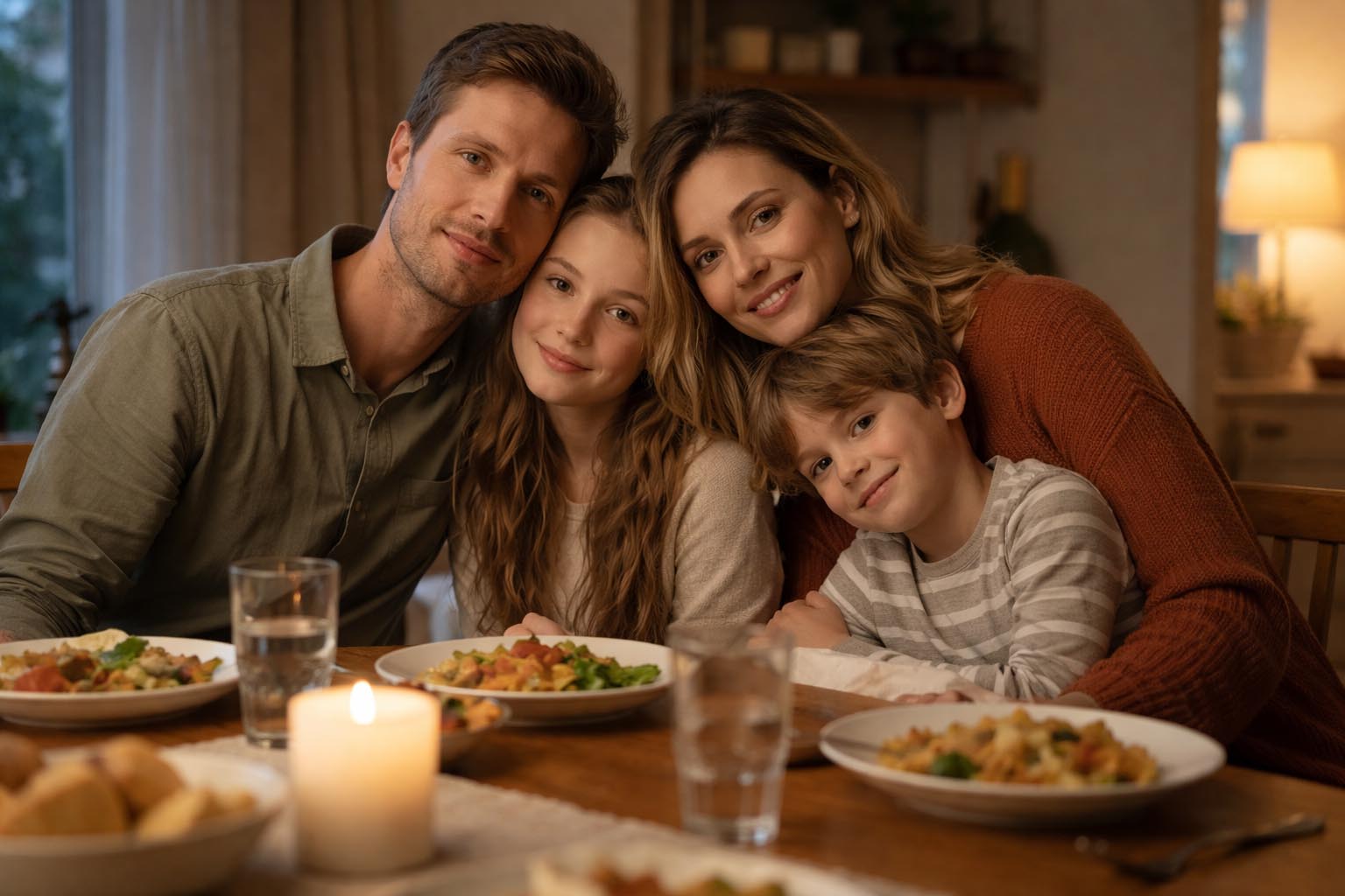 Porodica sedi zajedno za stolom u tihoj, emotivnoj atmosferi