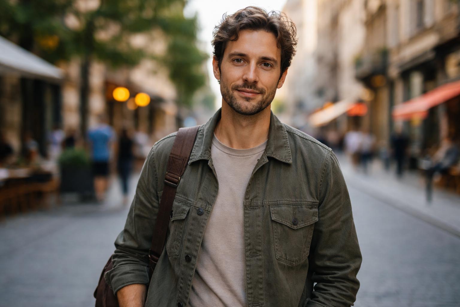 Osoba sa olakšanim izrazom lica stoji na svetloj gradskoj ulici