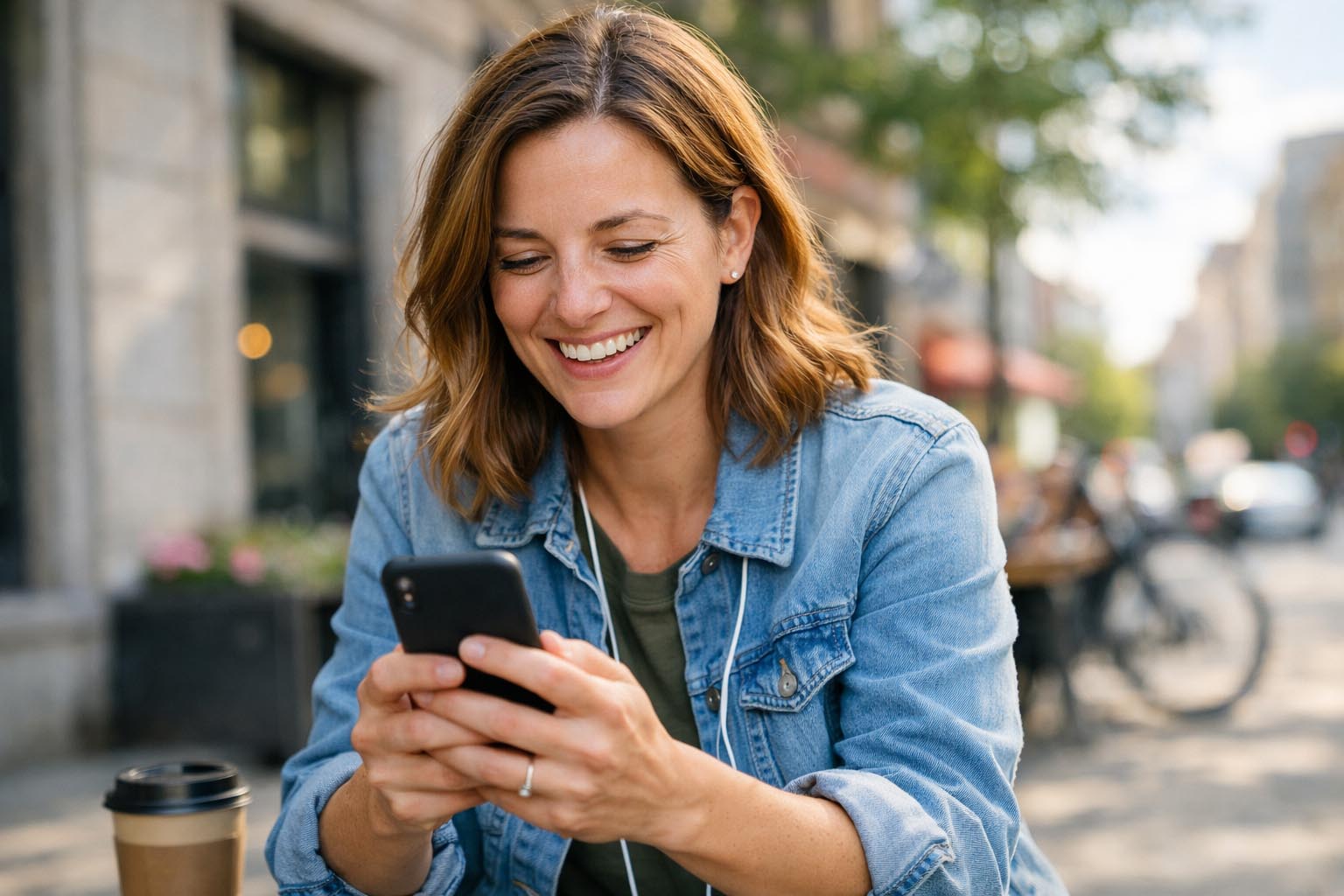 Osoba iznenađeno i radosno gleda u telefon na dnevnom svetlu