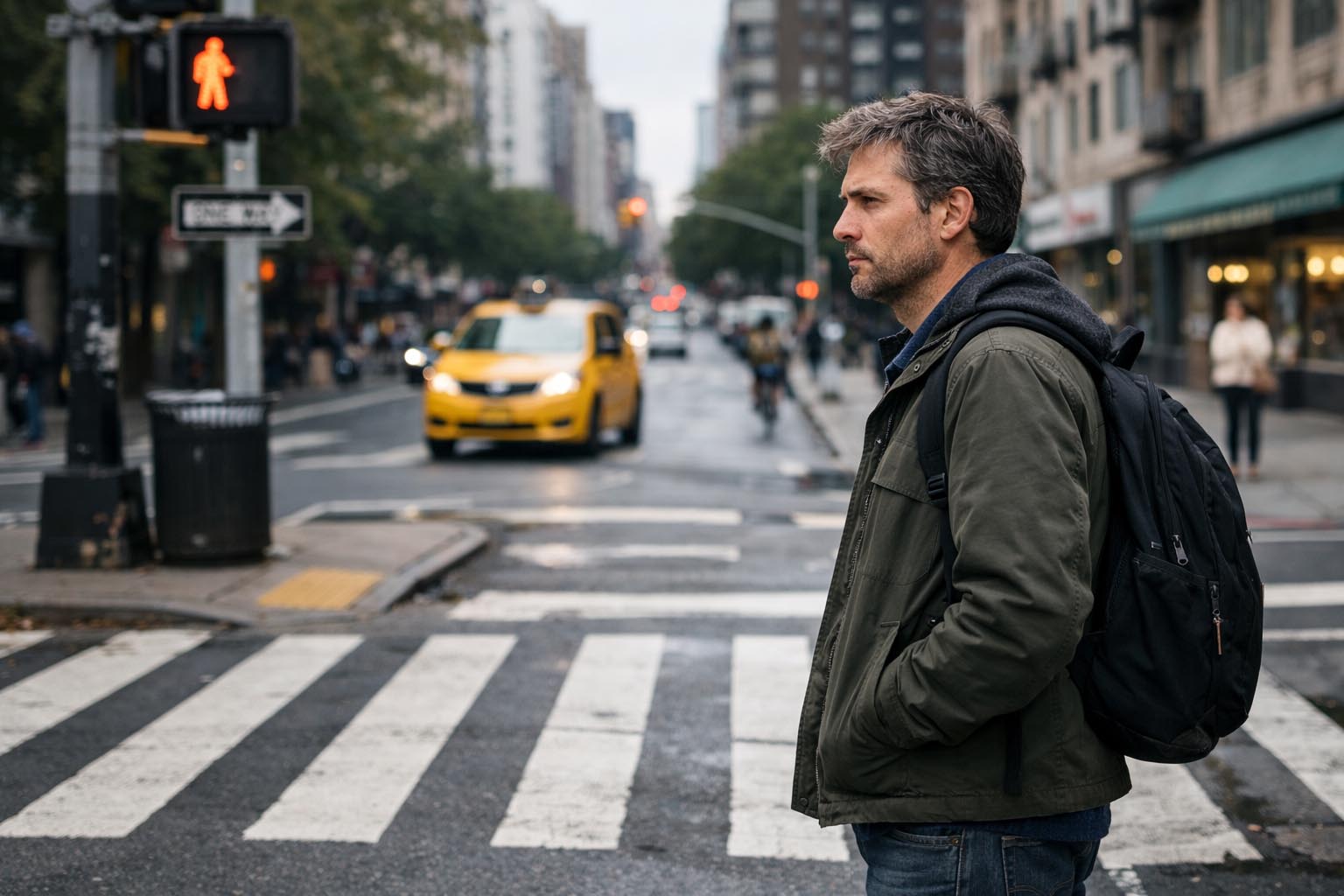 Osoba stoji zamišljeno na ivici pešačkog prelaza u gradskoj ulici