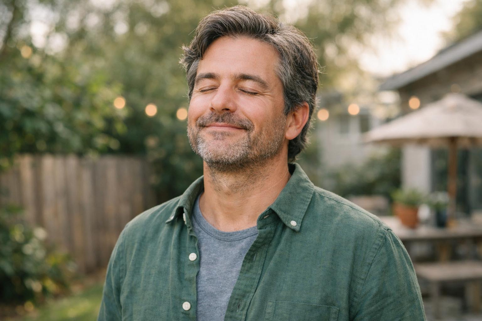 Osoba mirno stoji na svetlom prostoru sa izrazom olakšanja