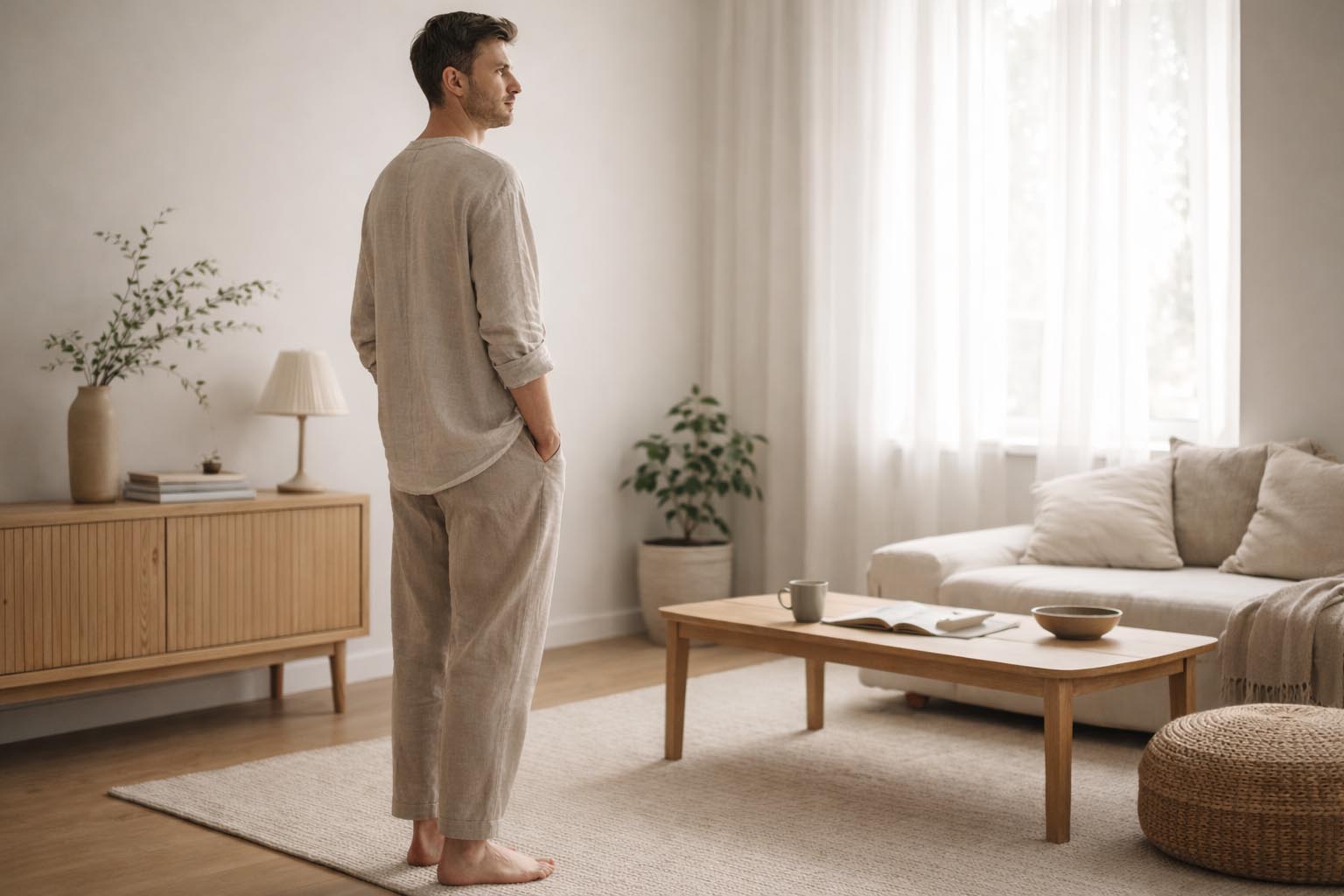 Person standing calmly in a quiet room with soft light