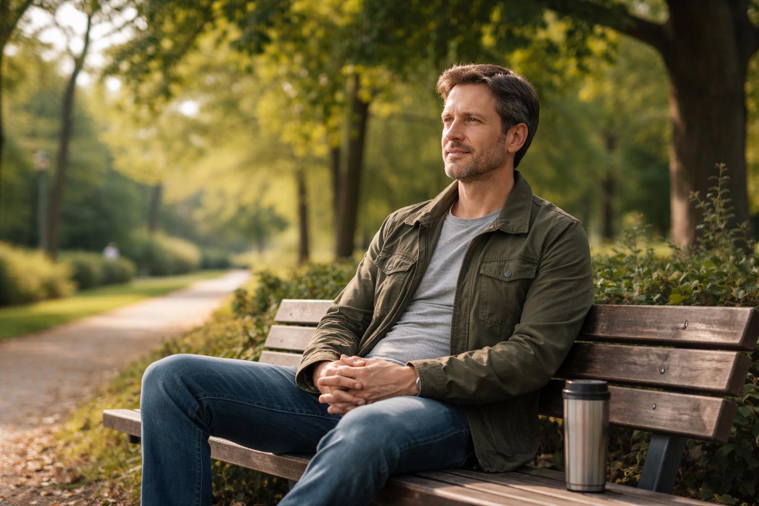 Osoba mirno sedi na klupi u parku tokom vedrog dana