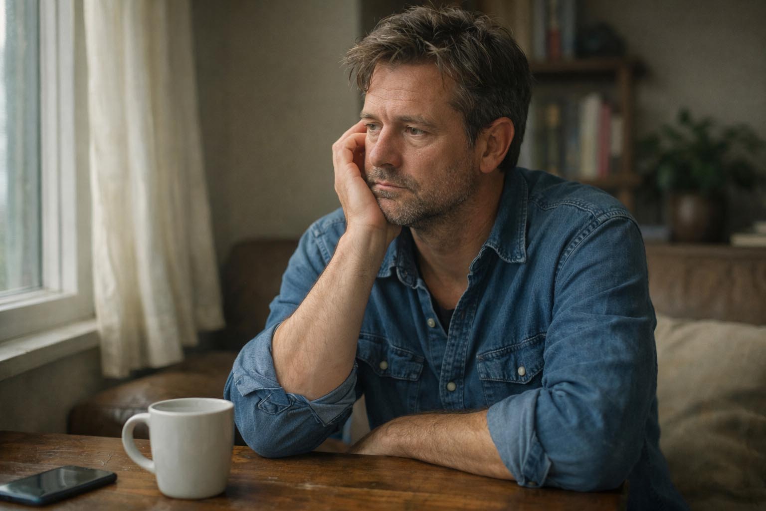 Osoba sedi sama i zamišljeno gleda u daljinu u tihom prostoru