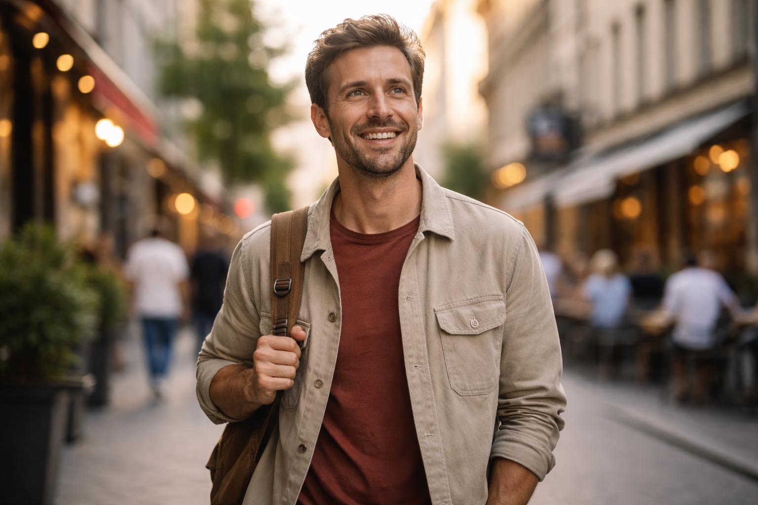 Osoba se smeje dok šeta gradom tokom mirnog dana