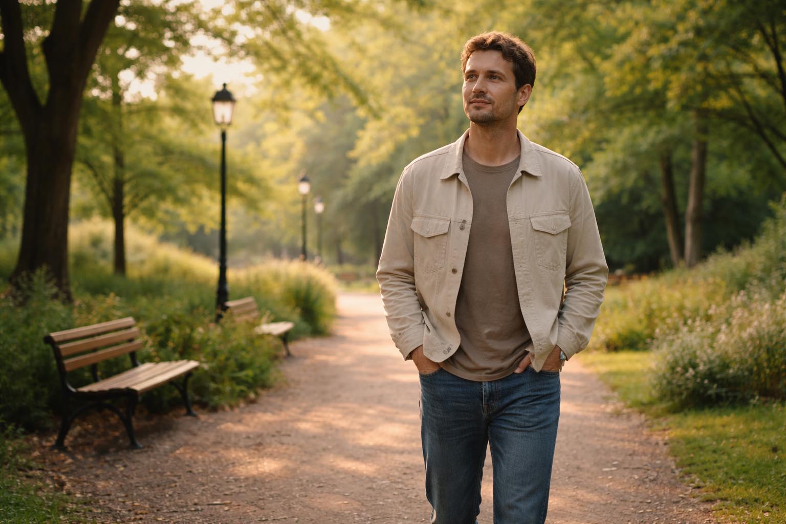 Osoba opušteno šeta parkom u mirnoj atmosferi