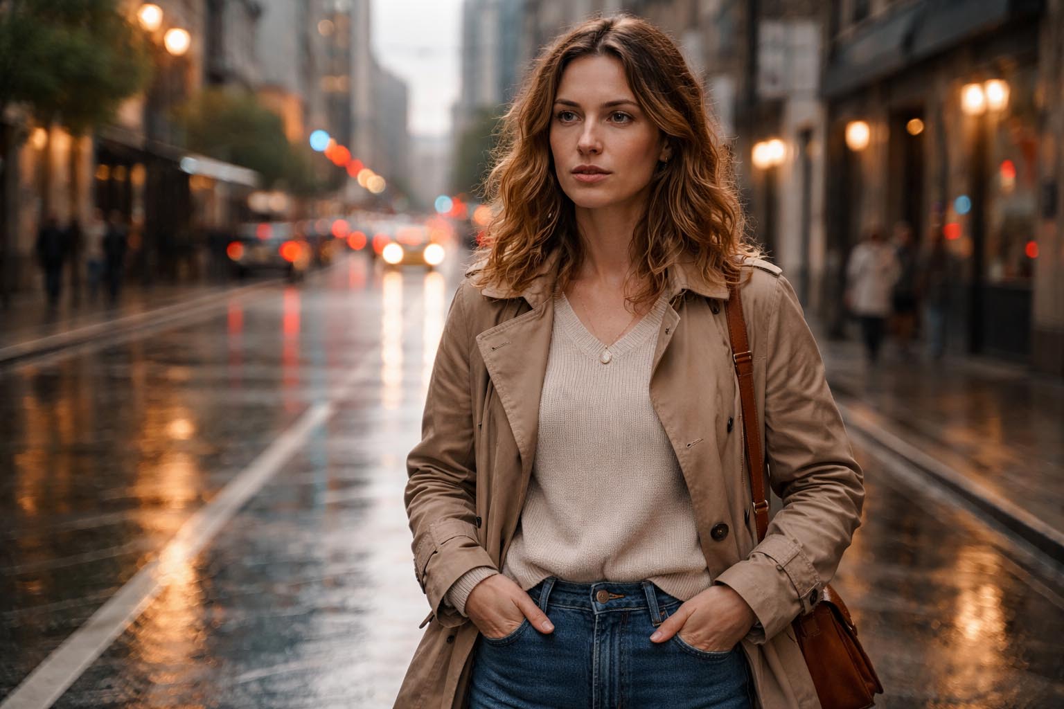 Osoba stoji uspravno na kišnoj gradskoj ulici sa odlučnim izrazom lica