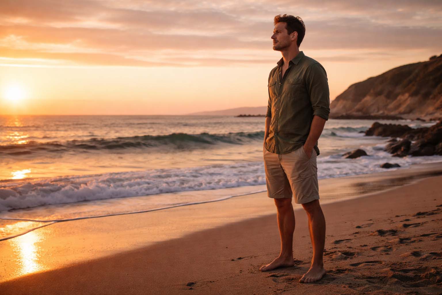 Muškarac stoji bos na obali mora tokom zalaska sunca i gleda ka horizontu, lice mu je jasno vidljivo.
