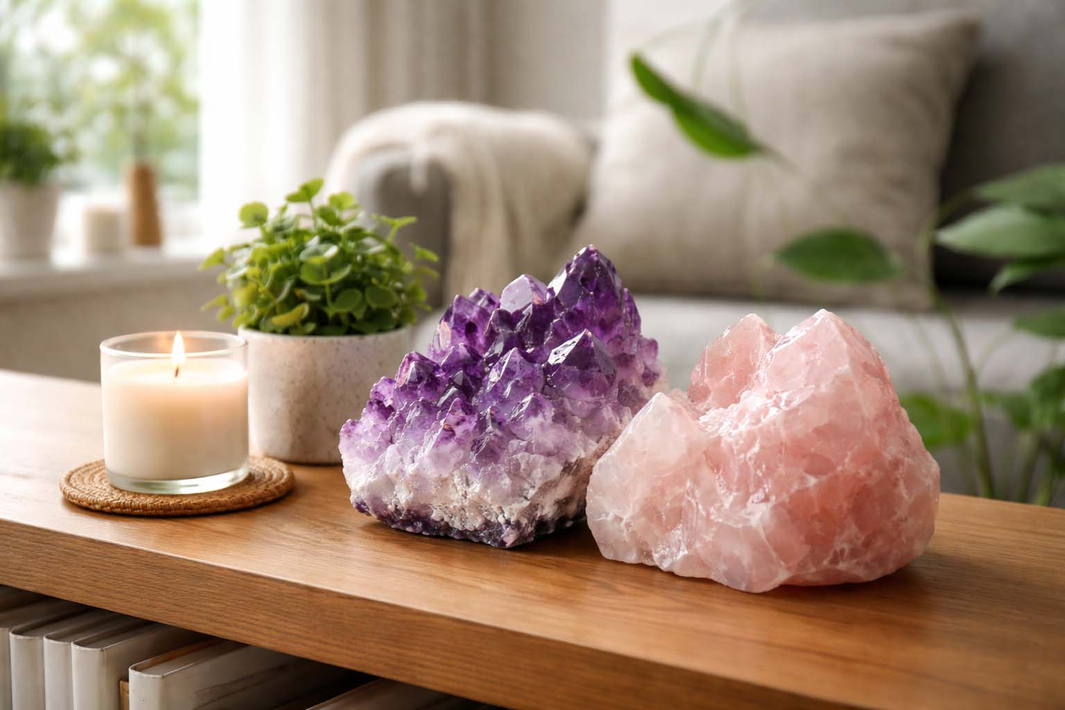 Ametist i rozenkvarc postavljeni na drvenoj polici u dnevnoj sobi, pored sveće i biljke.