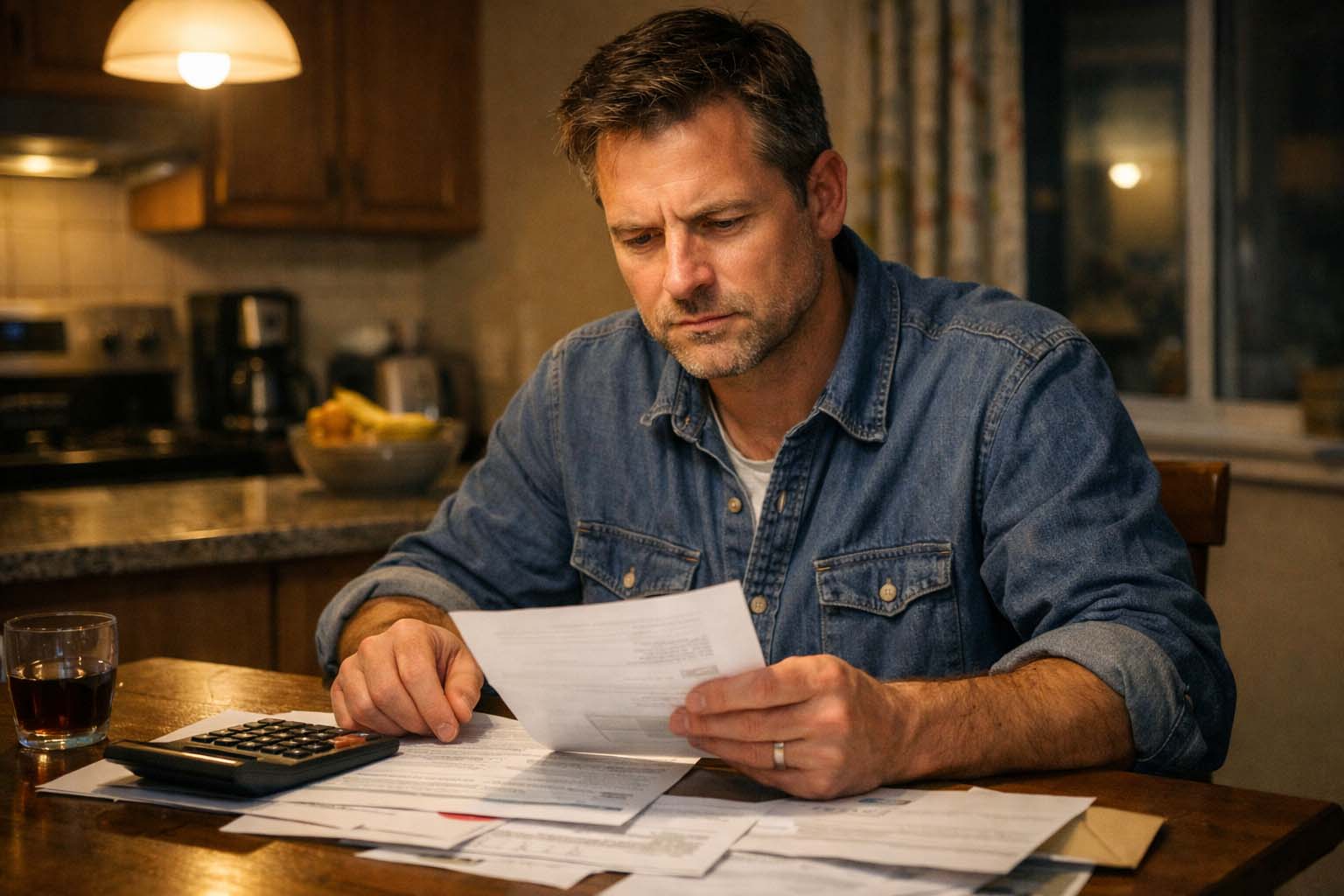 Muškarac sedi za kuhinjskim stolom tokom večeri i ozbiljno pregledava račune i troškove.
