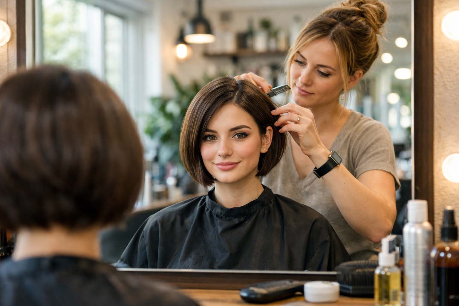 Žena sedi u modernom frizerskom salonu dok frizer oblikuje njenu novu frizuru, lice joj je jasno vidljivo u ogledalu.