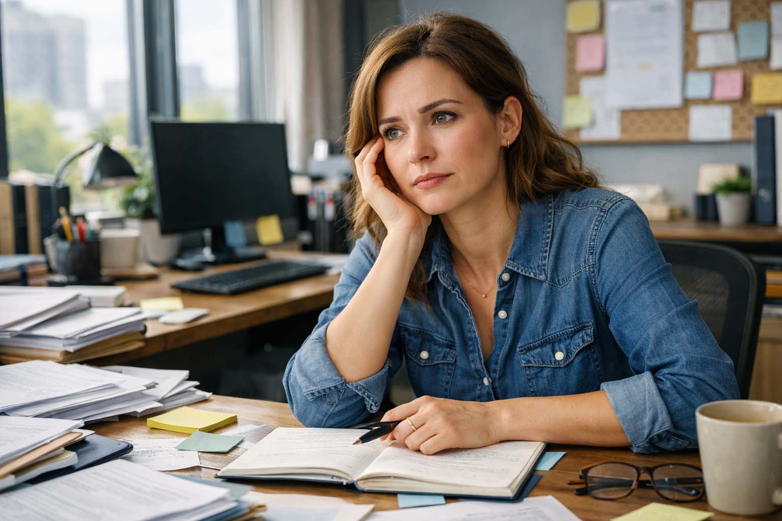 Žena sedi za radnim stolom pretrpanim papirima u kancelariji i zamišljeno gleda u ekran računara.