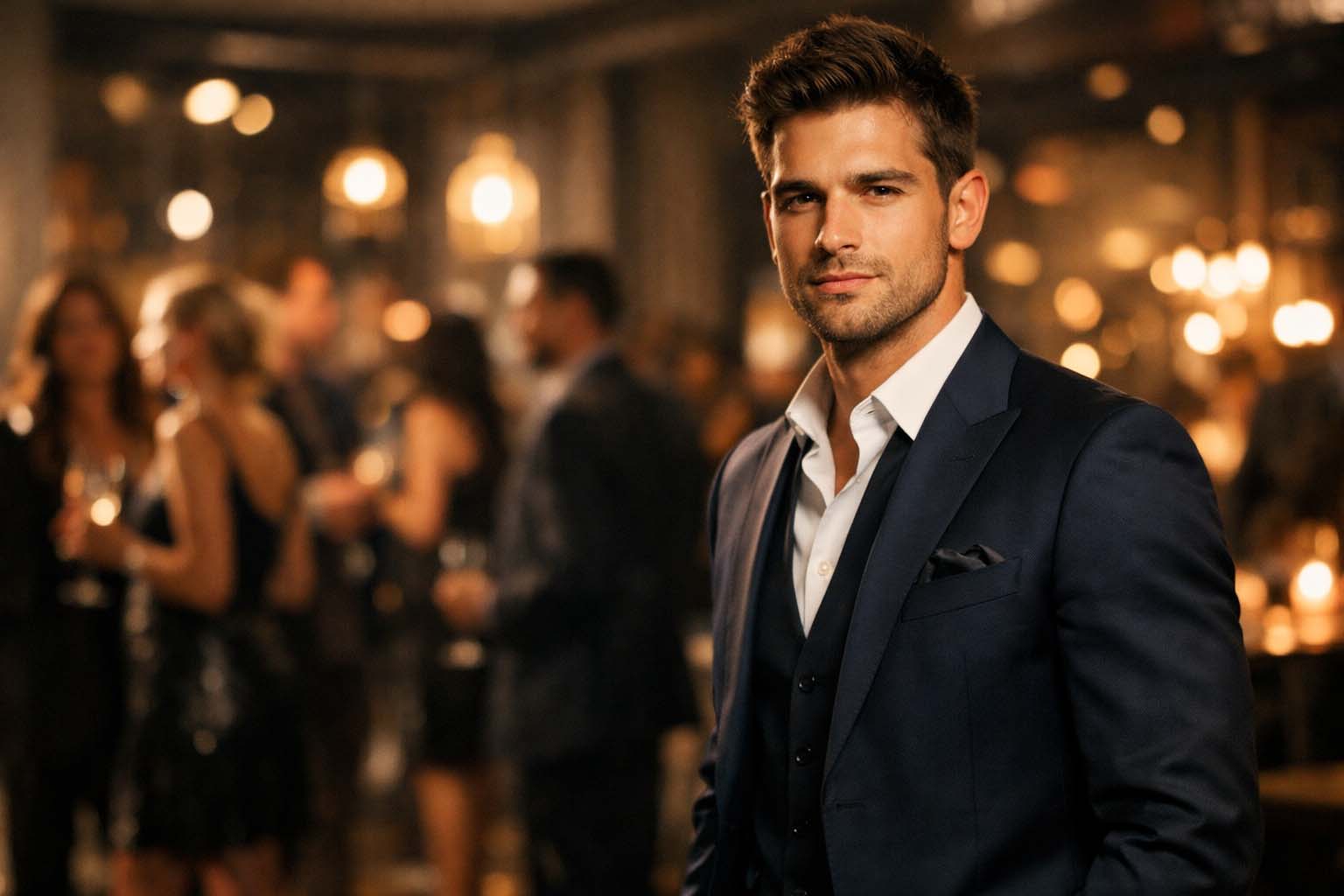 Muškarac u elegantnom odelu stoji u modernoj sali za događaje i samouvereno posmatra okupljene ljude.