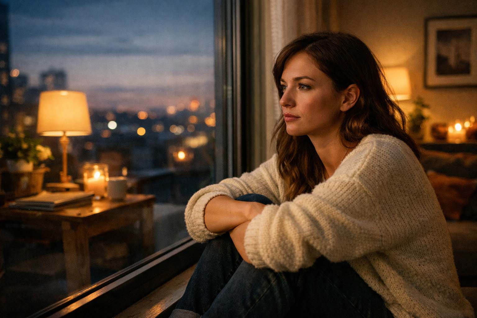 Žena sedi sama u stanu u večernjim satima i zamišljeno gleda kroz prozor, sa ozbiljnim izrazom lica.