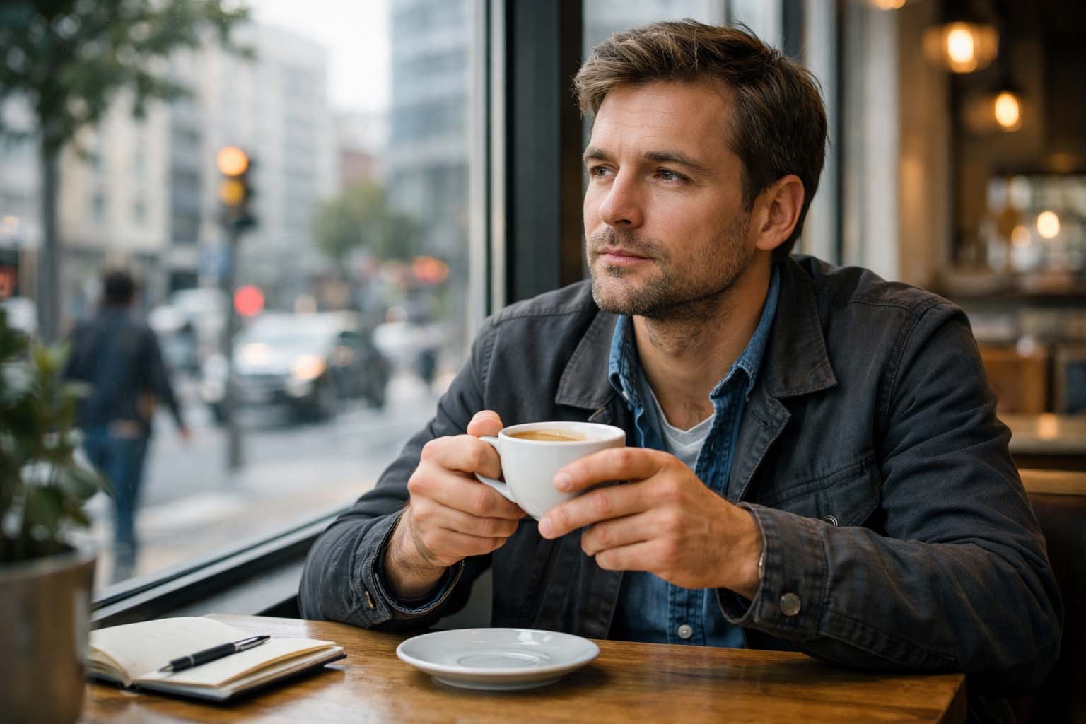 Muškarac sedi u kafiću tokom dana i zamišljeno gleda kroz prozor dok drži šolju kafe.