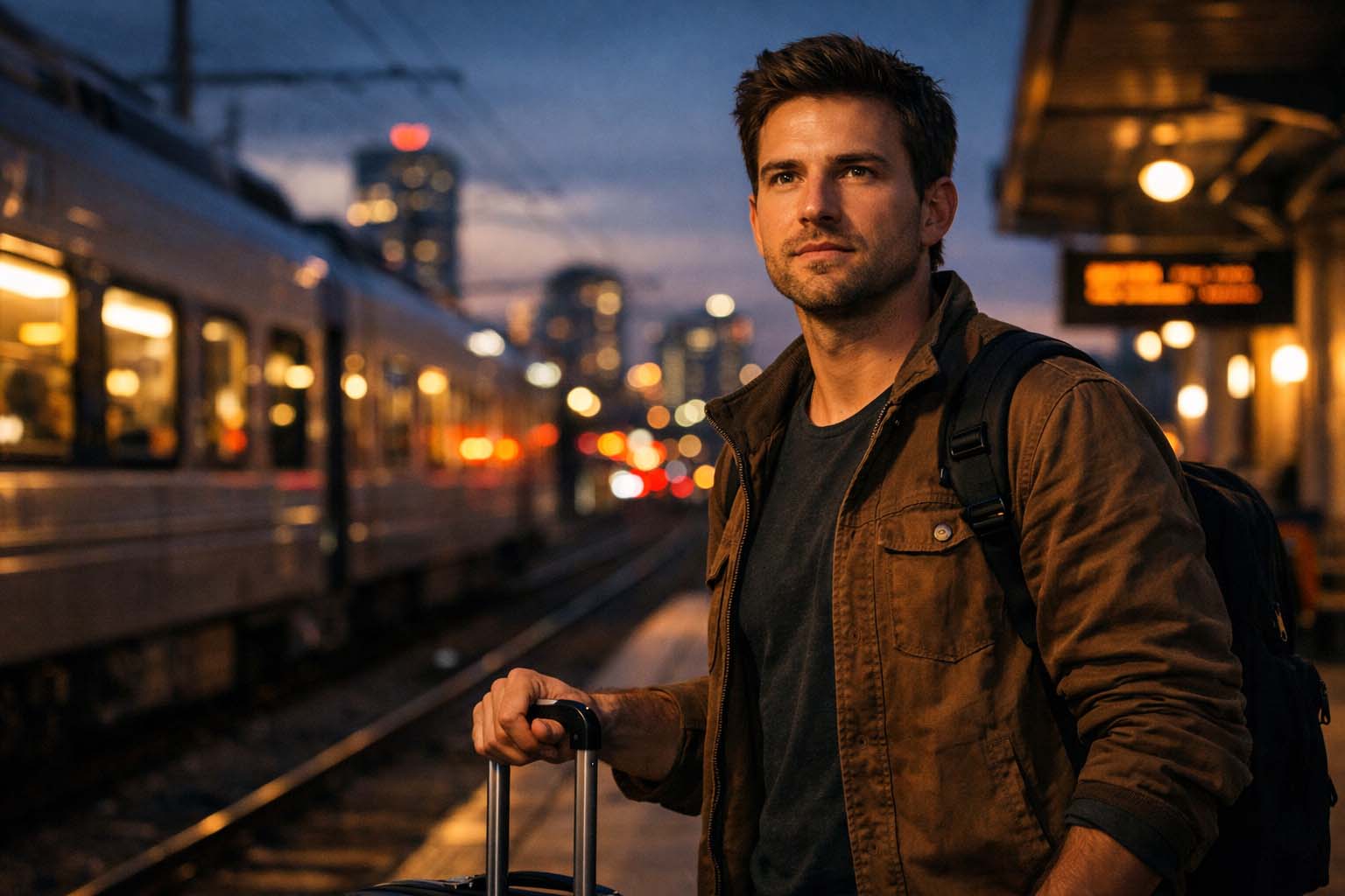 Muškarac stoji na železničkoj stanici u večernjim satima sa koferom u ruci i odlučnim izrazom lica.