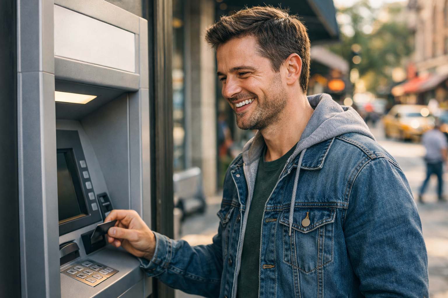 Muškarac stoji ispred bankomata tokom dana i sa osmehom gleda u ekran nakon uspešne transakcije.