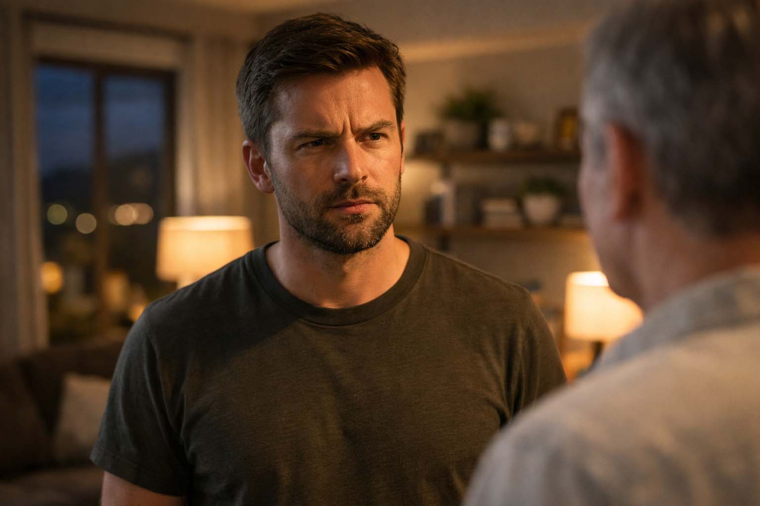 Muškarac stoji u dnevnoj sobi i ozbiljno razgovara sa članom porodice, sa odlučnim izrazom lica.