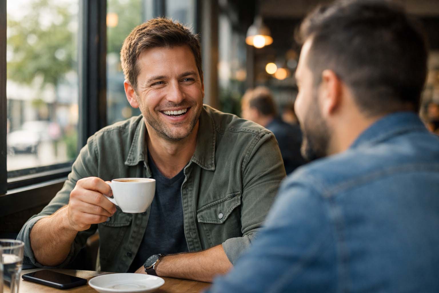 Muškarac sedi u kafiću sa prijateljem i uz osmeh razgovara dok drži šolju kafe.