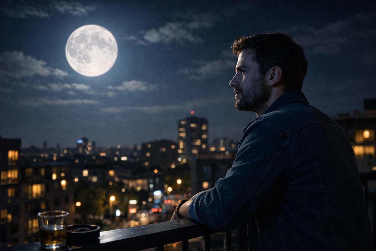 Muškarac stoji sam na balkonu noću i posmatra pun mesec, lice mu je jasno vidljivo u svetlosti mesečine.