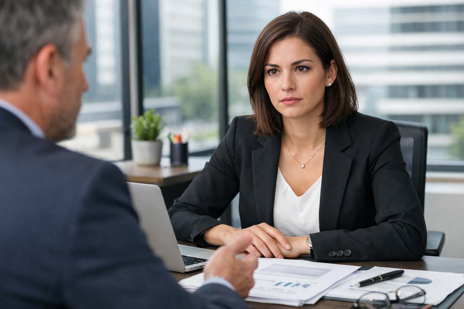 Žena sedi za radnim stolom u kancelariji i ozbiljno razgovara sa nadređenim preko stola.