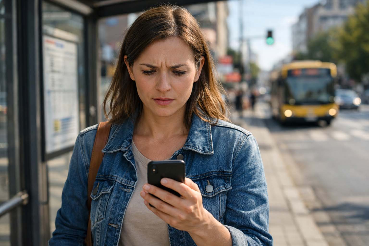 Žena stoji na autobuskoj stanici tokom popodneva i zabrinuto gleda u telefon nakon primljene poruke.
