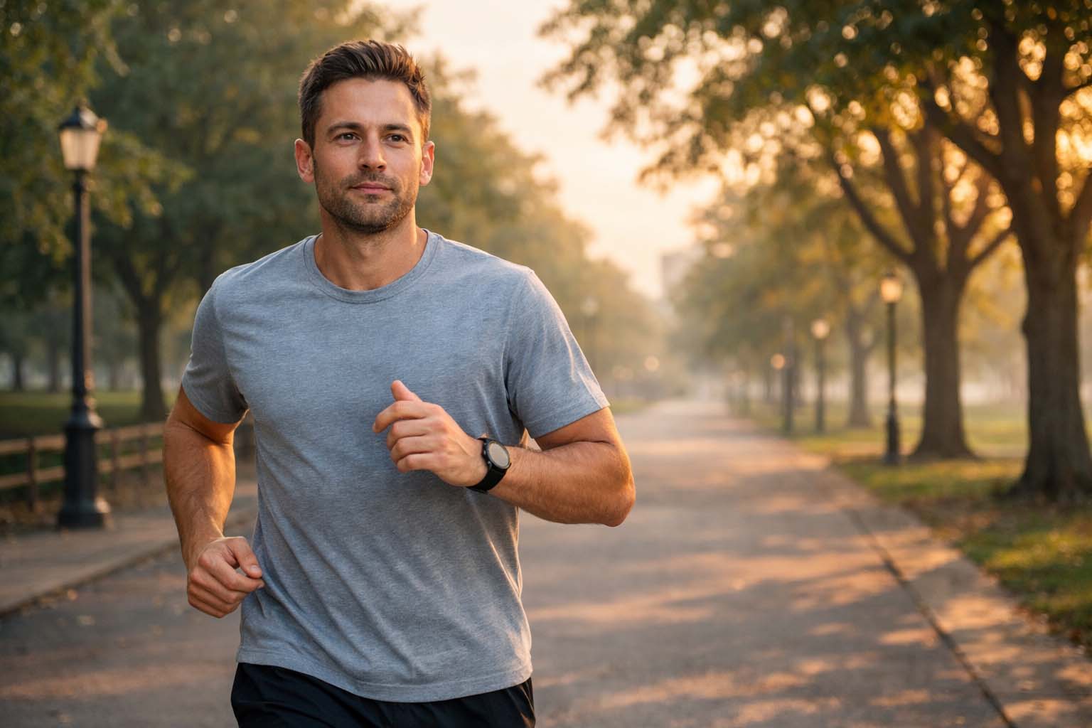 Muškarac trči kroz gradski park u jutarnjim satima sa fokusiranim i smirenim izrazom lica.