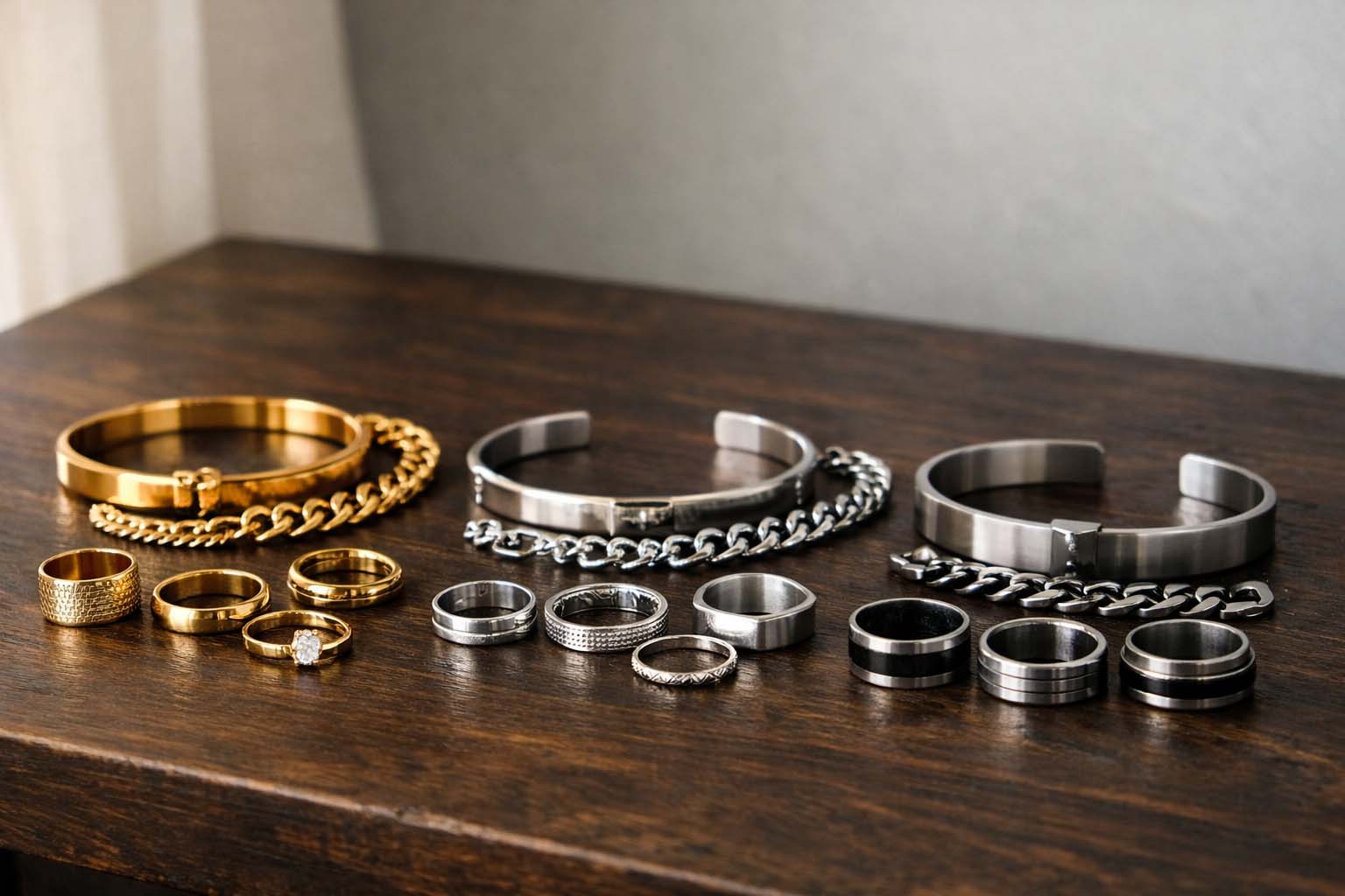 Na stolu od tamnog drveta leže zlatni, srebrni i čelični nakit raspoređeni jedan pored drugog.