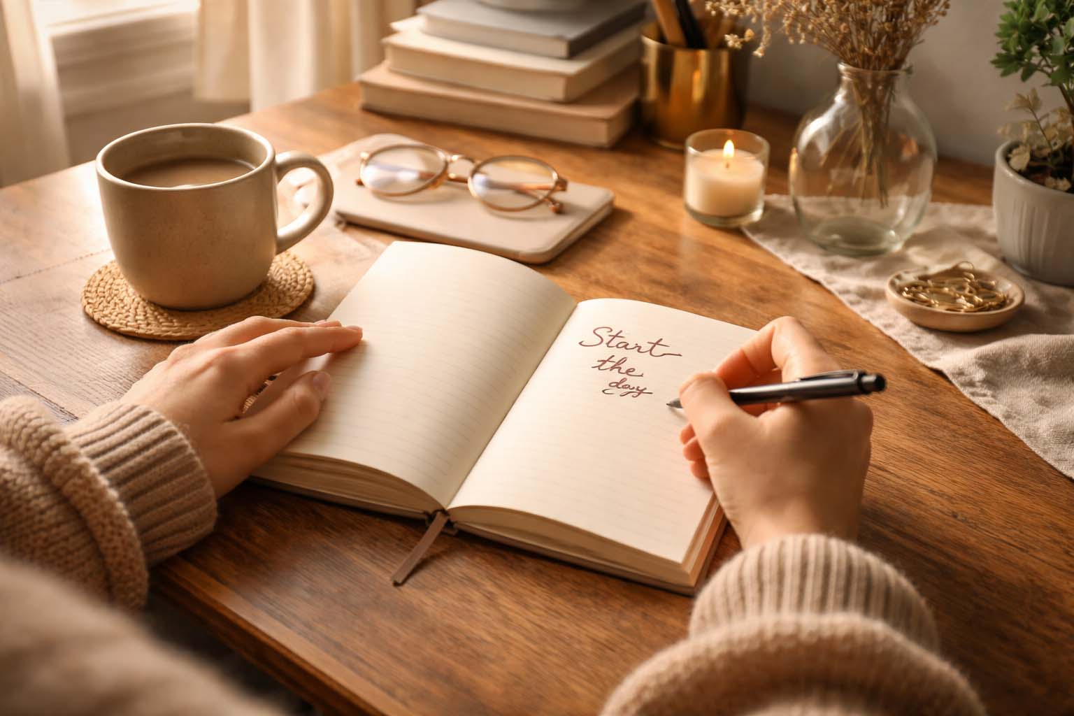 Person starting the day calmly with coffee and notebook
