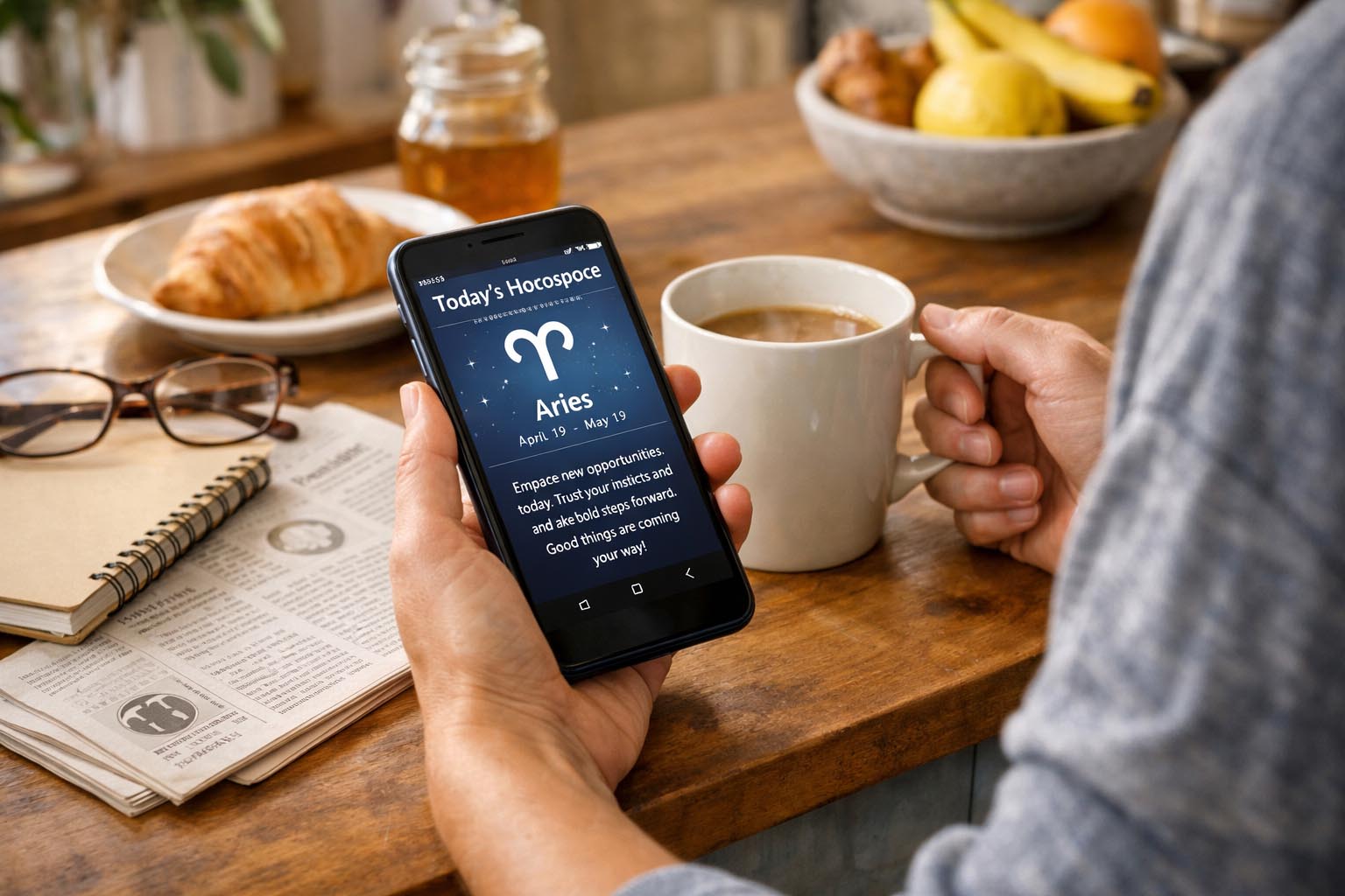 Person checking phone while having morning coffee