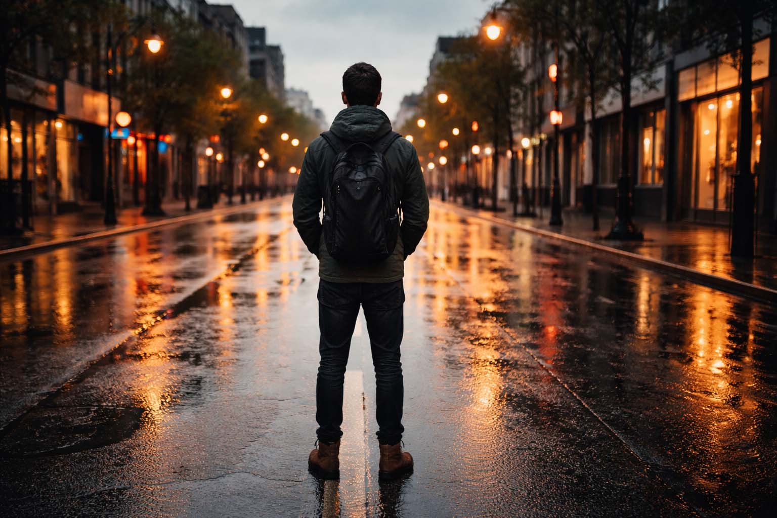 Person standing confidently after rain on an empty street