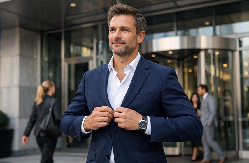 Man confidently adjusting his jacket before entering a building