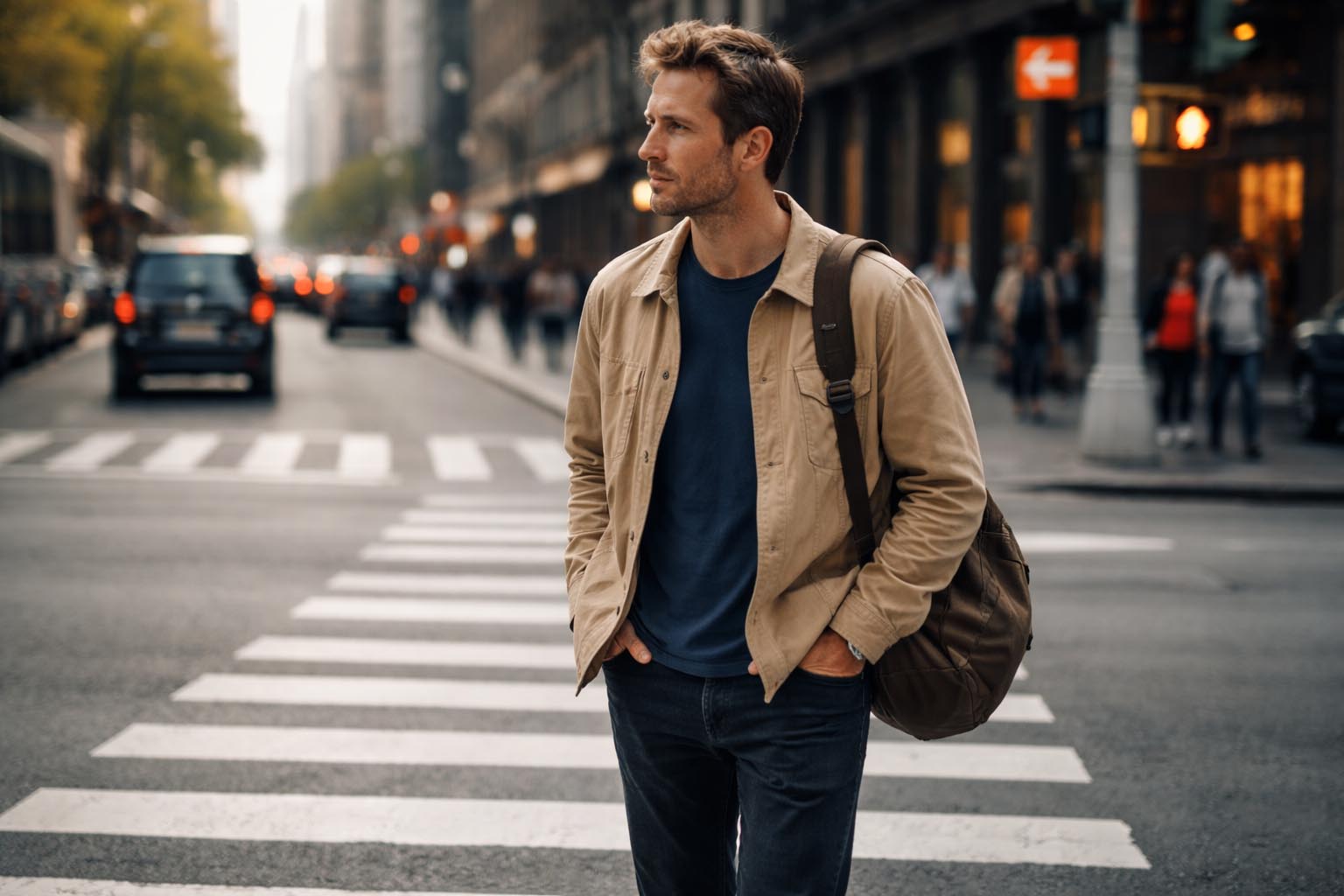 Person standing at a pedestrian crossing, hesitating before stepping forward