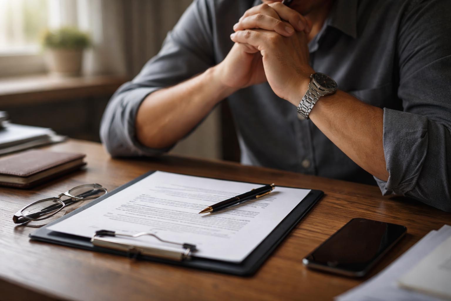 Person hesitating before signing a document